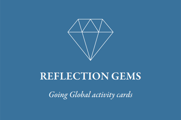 Diamond illustration with text: REFLECTION GEMS, Going Global activity cards